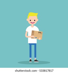 Young Blond Boy Holding A Parcel / Editable Vector Cartoon Clip Art