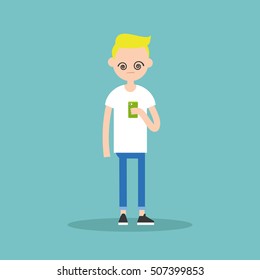 Young blond boy hypnotized by his smart phone's screen / flat editable vector illustration