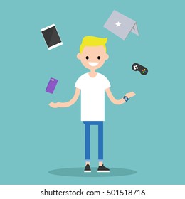 Young blond boy juggling electronic devices / editable flat vector illustration