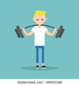 Young blond boy lifting a heavy weight barbell. Weightlifter holding a barbell in the gym / Vector flat editable illustration, clip art