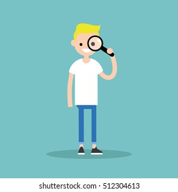 Young blond boy looking through the magnifying glass / flat editable vector illustration