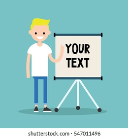 Young blond boy pointing on the flip chart. Your text here / flat editable vector illustration