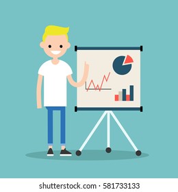 Young blond boy presenting the results of his research / flat editable vector illustration