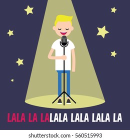 Young blond boy singing karaoke on the stage / flat editable vector illustration, clip art