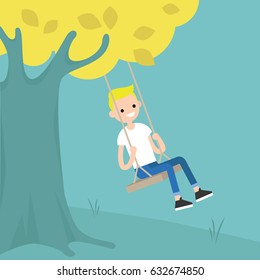 Young blond boy sitting on the swing / editable flat vector illustration