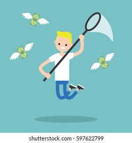 Young blond boy trying to catch money with a nettle. Business concept / flat editable vector illustration, clip art