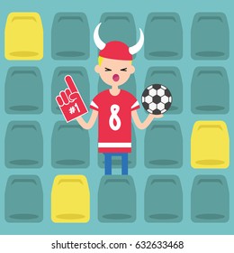 Young blond boy wearing horned hat and foam finger at the stadium / flat editable vector illustration, clip art