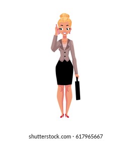 Young blond businesswoman with briefcase calling, talking by mobile phone, cartoon vector illustration isolated on white background. Businesswoman, business woman standing with briefcase and phone