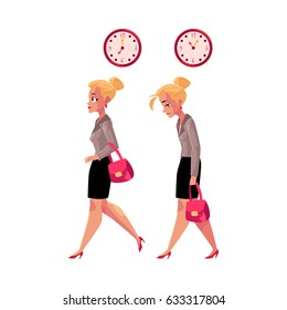 Young Blond Businesswoman Hurrying To Work And Going Back Home Tired, Exhausted, Cartoon Vector Illustration Isolated On White Background. Businesswoman, Business Woman In The Morning And Evening