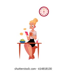 Young blond businesswoman using smartphone, having breakfast, drinking coffee before going to work, cartoon vector illustration isolated on white background. Work day of businesswoman, business woman