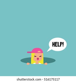 Young blond girl calling for help in the pit / editable flat vector illustration, clip art