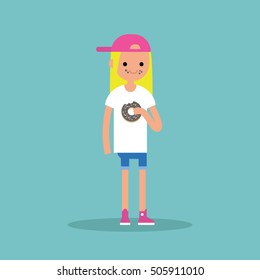 Young blond girl chewing chocolate donut / flat editable vector illustration