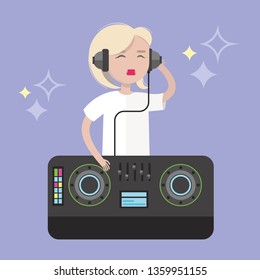 Young blond girl DJ wearing headphones and scratching a record on the turntable / flat editable vector illustration