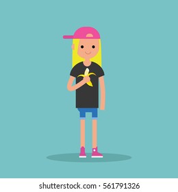 Young blond girl eating banana / flat editable vector illustration, clip art