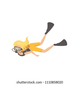 Young blond girl engaged in scuba diving. Cartoon female character in wetsuit, mask and flippers. Flat vector design