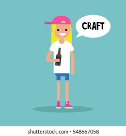 Young blond girl holding a bottle of craft beer / editable flat illustration, clip art