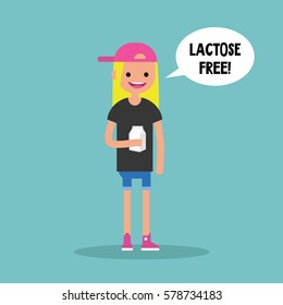 Young blond girl holding a carton of lactose free milk / flat editable vector illustration, clip art