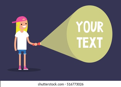 Young blond girl holding a flashlight. Your text here / Flat editable vector illustration, clip art