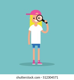 Young blond girl looking through the magnifying glass / flat editable vector illustration