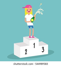 Young blond girl standing on the pedestal and opening a bottle of champagne. Opened champagne sprayed. Celebration concept. / flat editable vector illustration