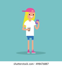 Young blond girl texting on her smart phone and holding a cup of take away coffee / flat editable vector illustration