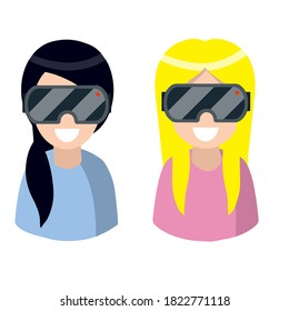 Young blond girl in VR glasses. Virtual reality. Modern computer games and technologies. Woman and entertainment. Set of Flat cartoon illustration