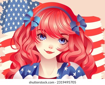 A Young Blond Girl Wearing Blue Bow Headband Against Background of American Flag. USA National Festival Celebration Concept.