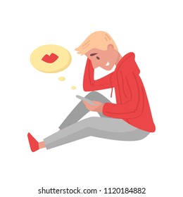 Young blond guy sitting with mobile phone in hand. Teenager boy reading love message. Online dating. Cloud with red lips. Flat vector design