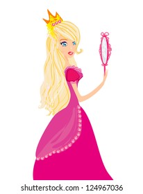  Young blond hair princess with mirror in her hands