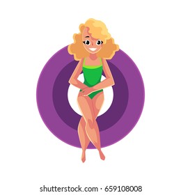 Young blond haired girl, woman in one piece swimsuit resting on floating inflatable ring, top view cartoon vector illustration isolated on white background. Happy woman, girl on inflatable ring