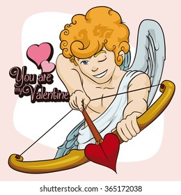 Young blond haired mischievous Cupid aiming with bow and heart shape arrow in Valentine's Day card.