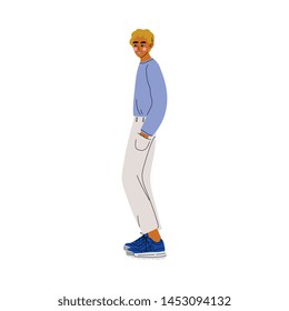 Young Blond Handsome Man in Casual Clothes Standing with Hands in His Pockets Vector Illustratio