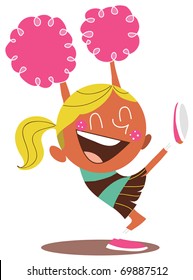 Young blond illustration of a smiling cheerleader and cheering, with one leg in the air. Looks excited.