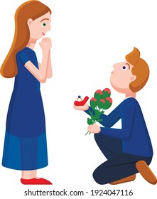 a young blond man asks a girl to marry him. Man offering a ring in his hand and his heart.