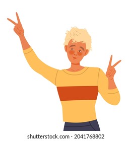 Young Blond Man with Curly Hair Posing for Selfie Smiling for the Camera and Showing V Sign Vector Illustration