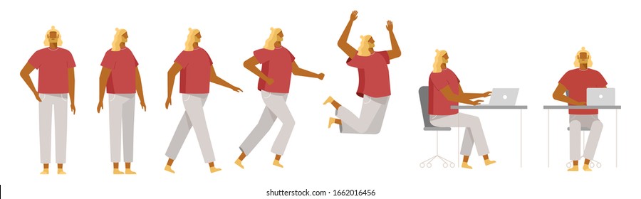 Young, blond man in different poses. Male character for your design project, animation. Vector cartoon illustration, flat design. White background, isolated. Boy walk, stand, run, jump, sit