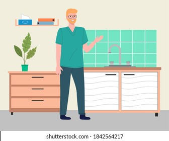 Young Blond Man Doctor Or Veterinarian Wears Glasses, Uses Hospital Coat In Vet Medical Office. Table For Examination Of Patients Or Pets. The Interior Of Doctor's Office. Reception At The Vet