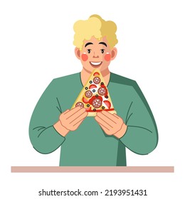 Un joven rubio come pizza deliciosa. Ilustración conceptual. Cocina y comida saludable. Desayuno, almuerzo o cena. Ilustración vectorial en estilo de caricatura