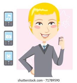 Young blond man laughing while playing games and multimedia applications on his mobile phone