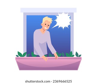 Young blond man in open house window talking and reaching out to a neighbor. Good communication with neighbourhood. Cartoon male character vector flat illustration isolated on white background.