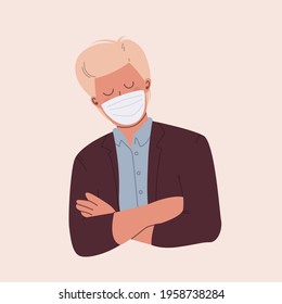 Young blond man in a protective mask. Happy guy uses a medical face mask. Illustration for an avatar in pastel colors.