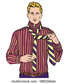 Young blond man in red striped shirt tie a tie, hand drawn doodle, sketch in pop art style, vector illustration