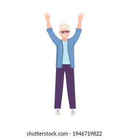 Young Blond Man Standing with Raising Hands Celebrating Success Vector Illustration