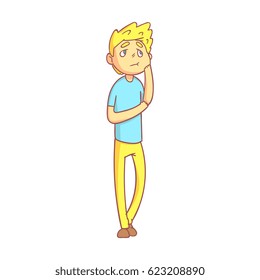 Young blond man suffering from toothache pain pressing his cheek. Colorful cartoon character