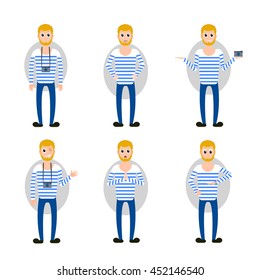 Young blond man vector illustration i cartoon style, yellow haired male in striped sweater and blue trousers. with camera. in different poses with various facial emotions
