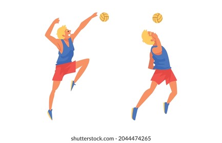 Young Blond Man Volleyball Player Hitting and Tossing the Ball with Hands Vector Set