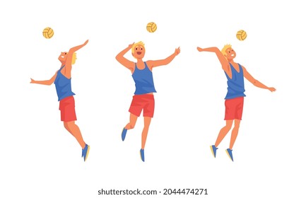 Young Blond Man Volleyball Player Hitting and Tossing the Ball with Hands Vector Set