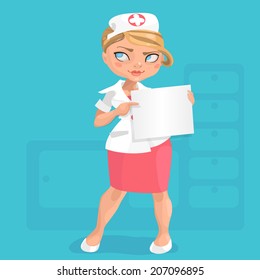 young blond nurse in red skirt on a colored background with message board