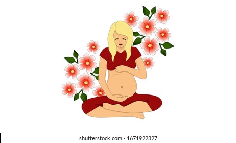 Young blond pregnant woman tenderly holding her belly. Flowers around. Joy of motherhood. Unborn child in belly. Mommy waiting for baby