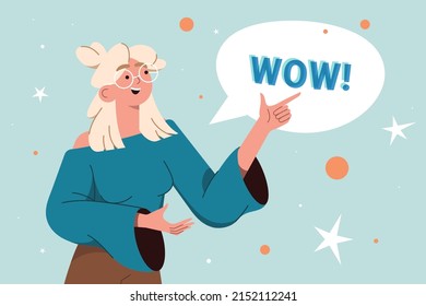 Young blond smile woman points a finger to speech bubble with wow text. Happy teen girl with positive face expression and pointing hand gesture flat vector illustration on blue background.